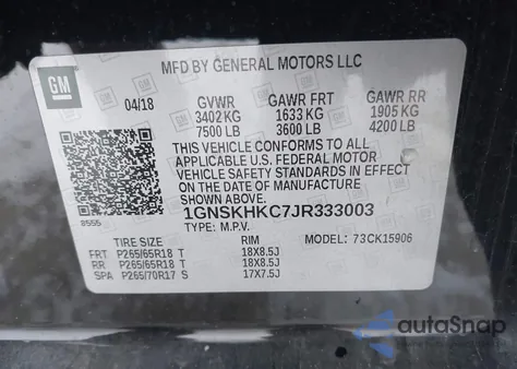 2018 Chevrolet Suburban Lt z USA, uszkodzony, nr VIN 1GNSKHKC7JR333003